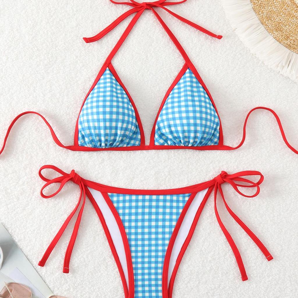 European & American Sexy Houndstooth Tie Halter Triangle Bikini Swimsuit for Women