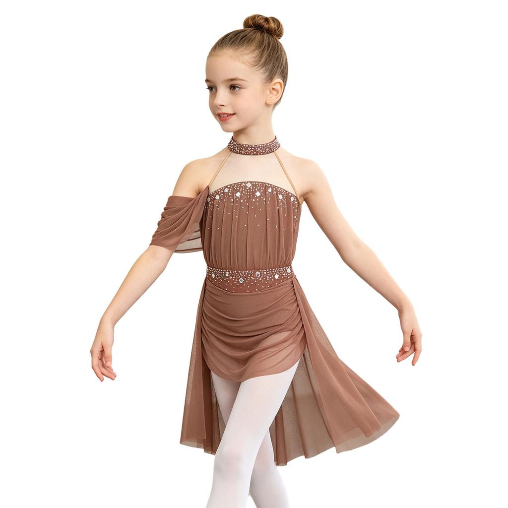 Girls Halter Backless Ruched Mesh Drape Dress Lyrical Dance Performance Rhinestone Costume