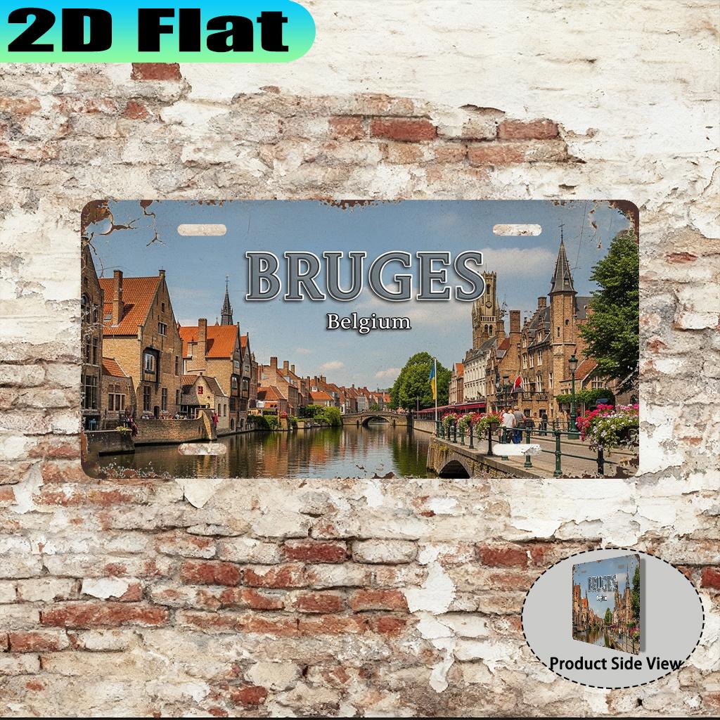 D Flat Bruges Aluminum Sign License Plate Urban Style Travel Enthusiast Gift Suitable for Porch Wall and Living Room Decor