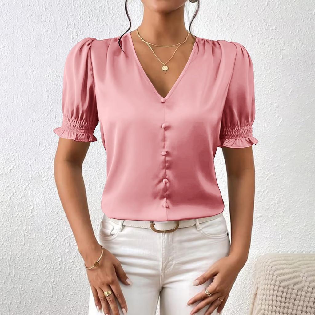 Damen - Farbe Casual Satin V-Ausschnitt Knopfleiste Französische Rüschen Kurzarm Top