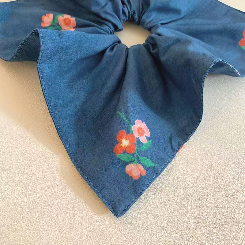 Korean Blue Floral Square Scarf Scrunchie Bun Hair Tie