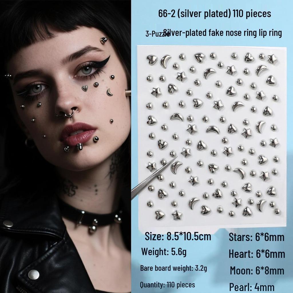Metallic Fake Piercing Jewelry: Lip, Nose & Eyebrow Studs with Rhinestone Face Stickers