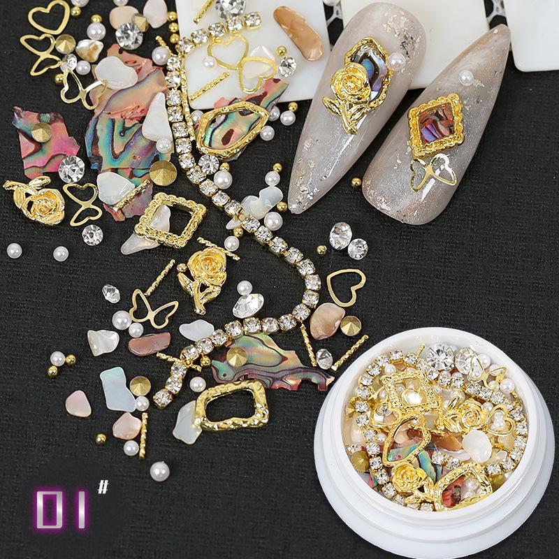 Dolphin Bay Nail Art: Shell Pieces, Rhinestones, Pearls, and Metal Chains Mixed Decorations