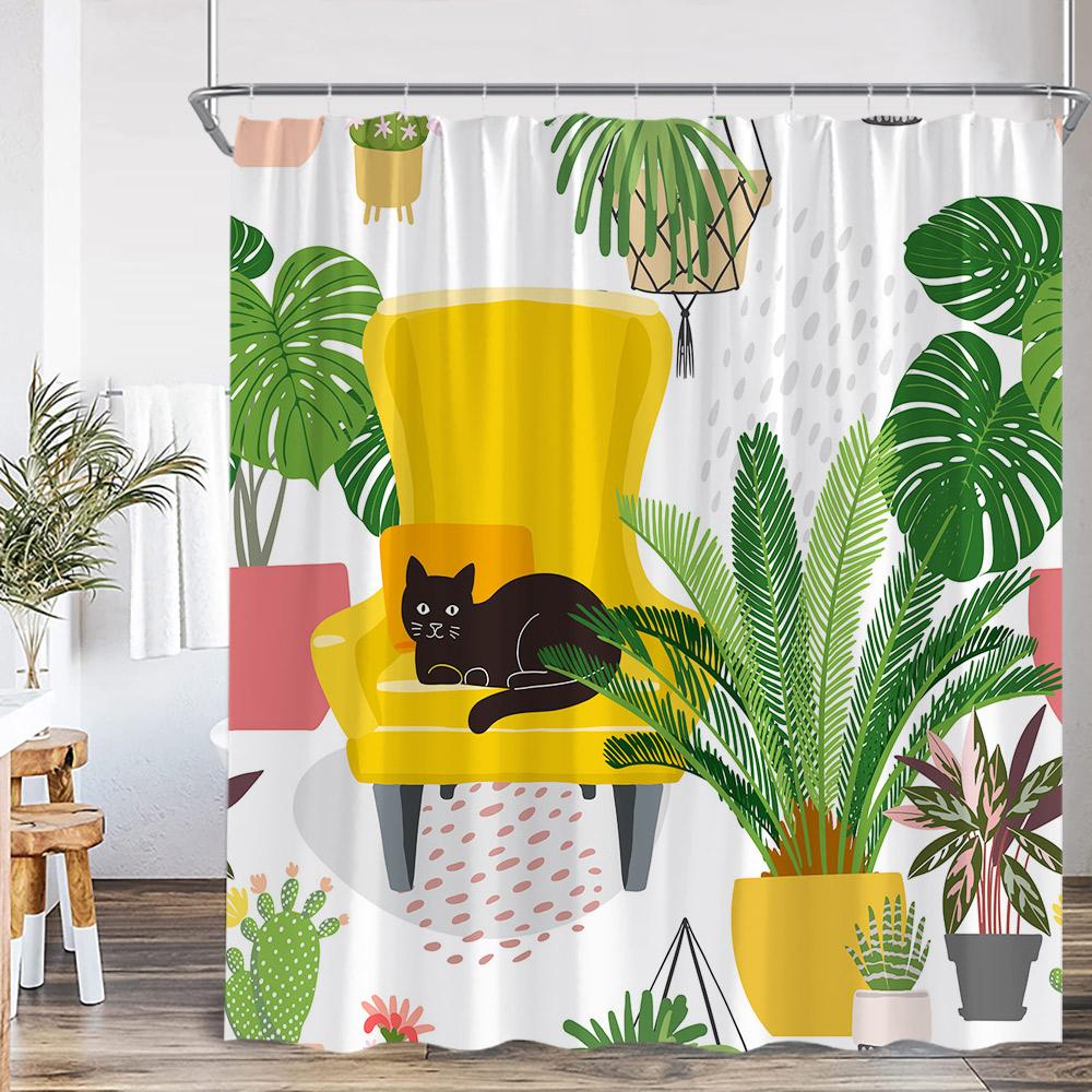 Cat Shower Curtain Cartoon Animal Potted Plant Greenery Black Cat Abstract Nordic Bathroom Decor Minimalist Bathtub Curtain