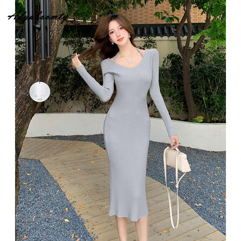 

Корейская мода осень-зима женское платье-свитер с разрезом бежевое черное серое хаки трикотажное платье с длинным рукавом теплое трикотажное элегантное платье One Size чёрный