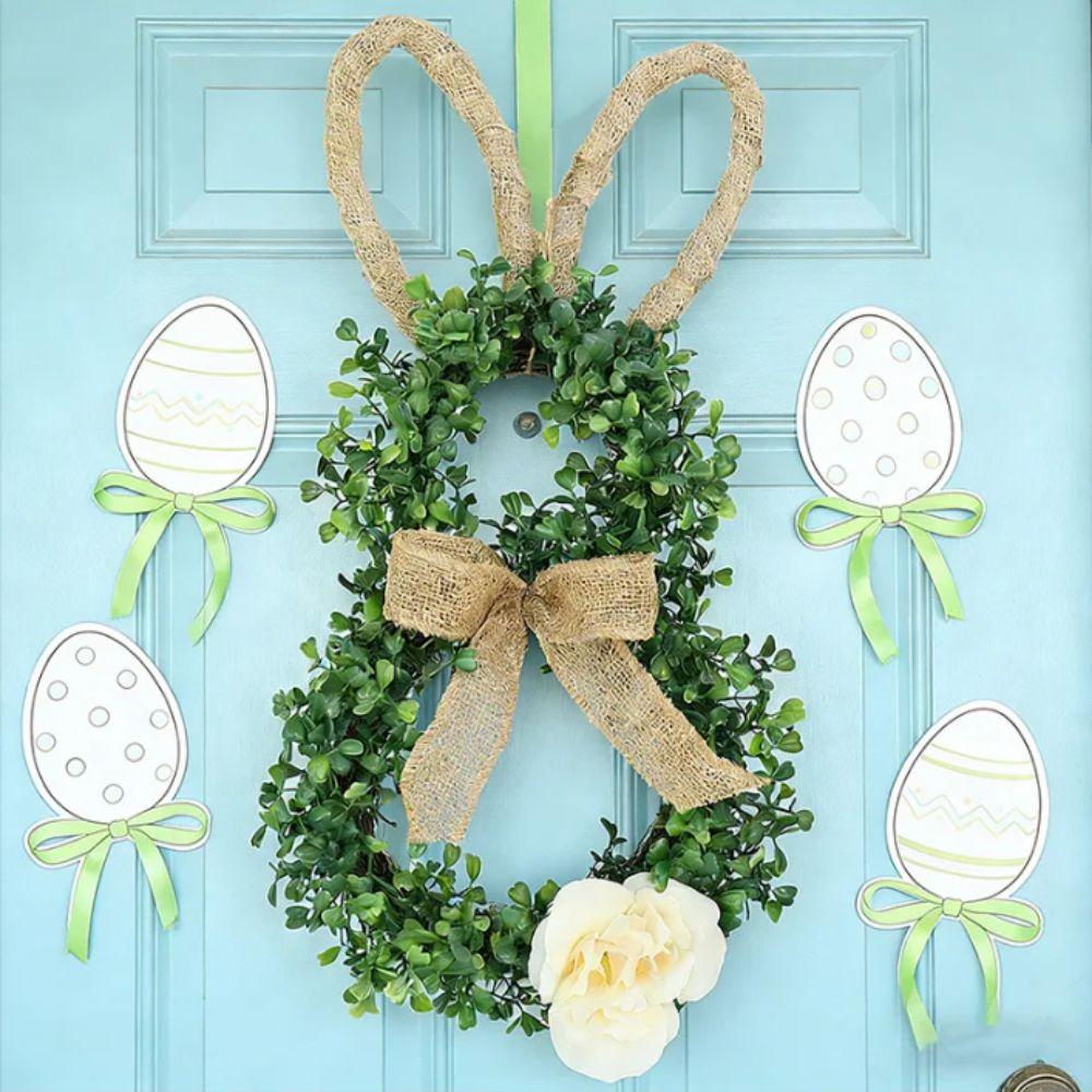 19.6 Inch Easter Wreaths Linen Bow Green Plant Easter Bunny Decor With Flower Simulation Design Bunny Shape Wreath