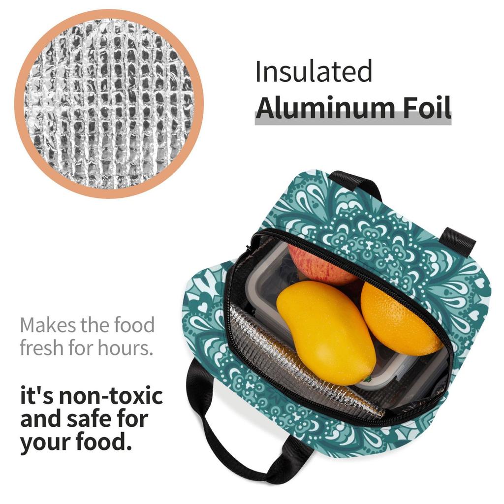 Cyan Boho Mandala Floral Print Lunch Bags Insulated Bento Box Lunch Tote Leakproof Picnic Bags Thermal Bag for Woman Girl School