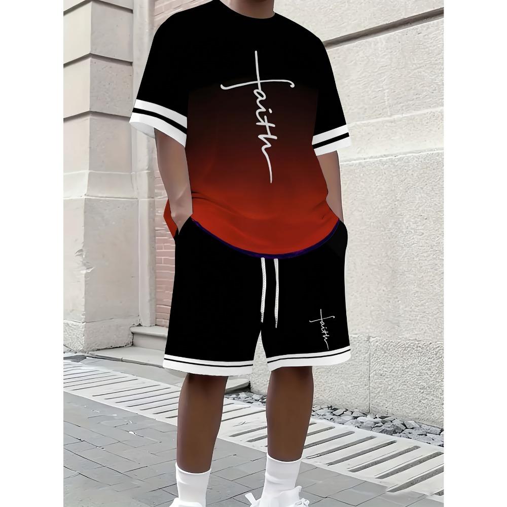 Summer gradient letter pattern print men s casual two-piece set 2XS