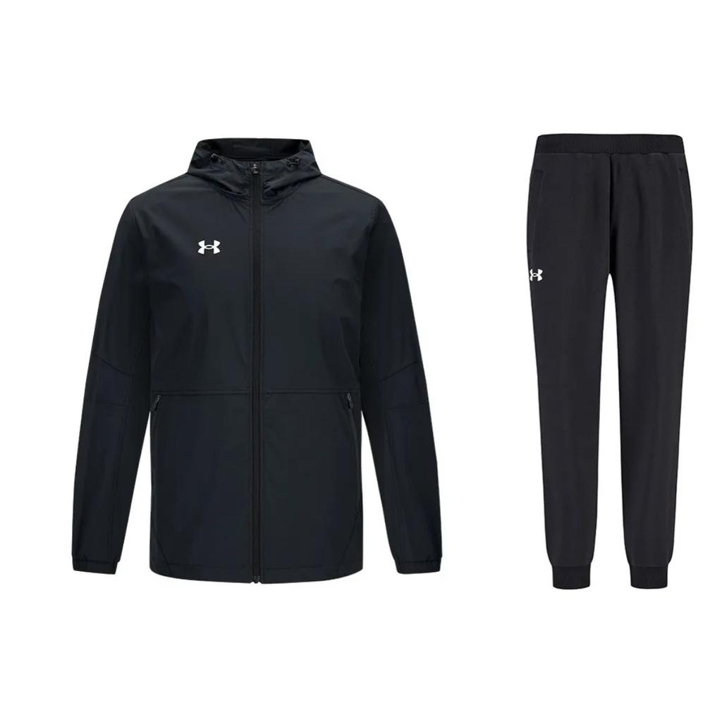 Under Armour Woven Logo Long Sleeve Top Comfortable Mid Waist Outdoor Pants Casual Sports Set Men Sports Set Black 21600411-001+21600705-001