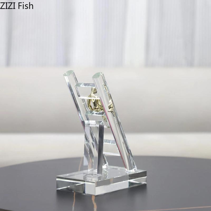 Crystal Staircase Golden Figures Statue Desk Decoration Creative Climbing Stairs Characters Resin Sculpture Room Aesthetic Decor