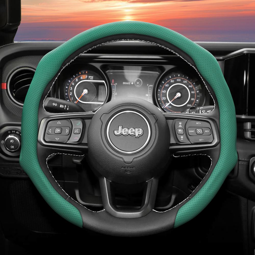 Suitable for Jeep Perforated Leather Steering Wheel Cover, Non-Slip, Sweat-Absorbent, Breathable, Integrated Snap-On Protective Case for Wrangler