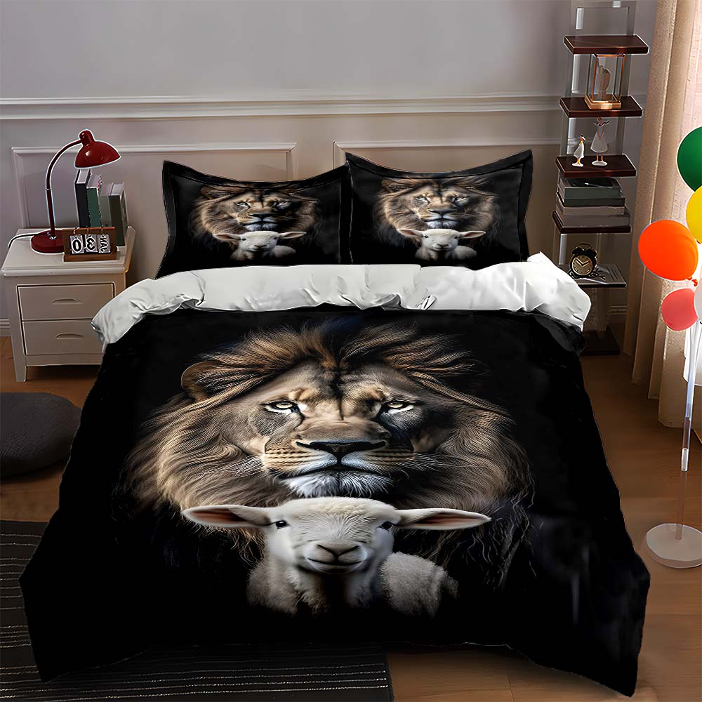 Lion lamb portrait Bedding Duvet cover sets Duvet covers Pillowcases gifts (1 * Duvet Cover 2 * Pillowcases, without duvet insert)