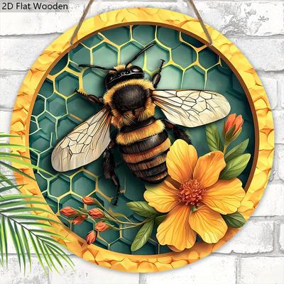 Cartel de Madera Rústica con Adorable Patrón de Abejas - Adorno Redondo para Puerta Principal, Decoración para Colgar en la Pared - Decoración Ideal para Colgar en Casa
