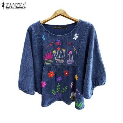 Women Casual Round Neck Loose 3/4 Sleeve Print Blouse