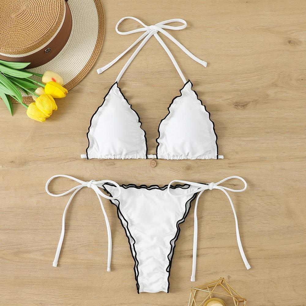 Women Nylon Split Bikini, Solid Color Lace Trim Sexy Two Piece Swimsuit Summer Beach Ladies Swimwear
