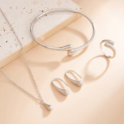 Fashion Diamond Gold Alloy 4-Piece Necklace Earring Ring Set for Engagement Wedding Party or Gift Women