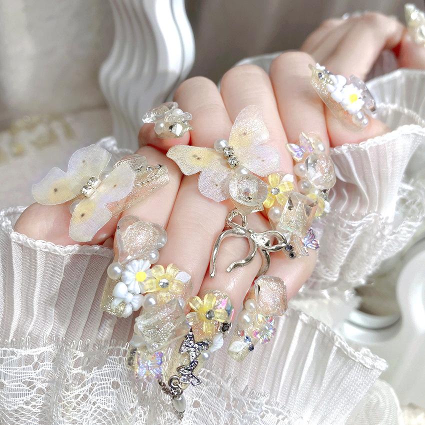 Medium Coffin Press on Nails with Rhinestones Designs Reusable Full Cover Glue on Fake Nails Press ons Artificial False Nails Stick on Nails for Women