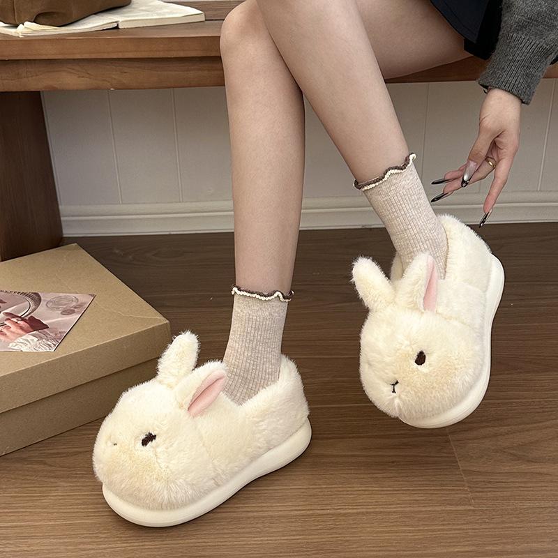 Cute Three-dimensional Rabbit Head Fluffy Slippers Women's Winter New Home Wear Velvet Warm and Comfortable Cotton Shoes