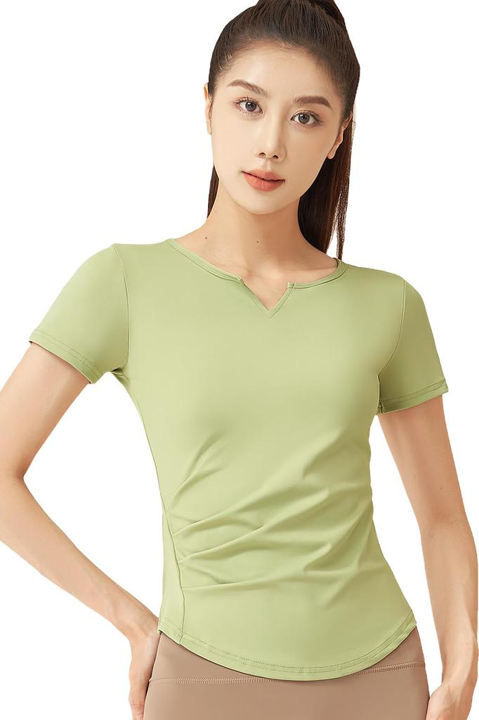 MORGEN SKY Short Sleeve Yoga with Round and Slimming and Stretchy for a Flattering Perfect for and DX026 Women's T-Shirt V-Neck, Hem, Vest.