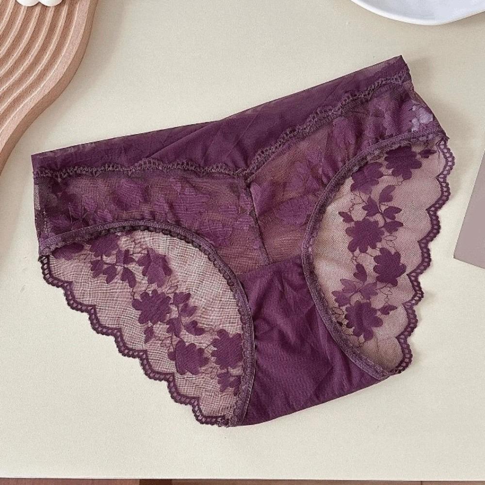 Mesh French Style Briefs Transparent Women Underwear Thin Lace Flower Panties  Gifts