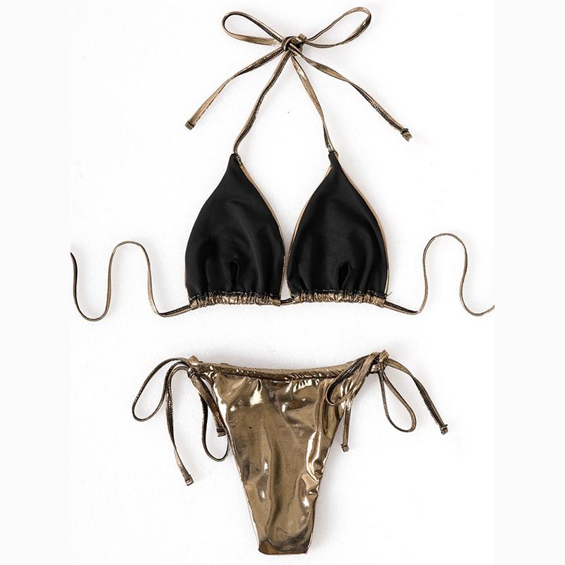 Summer Beach Holiday Three Piece Bikini Set Women Solid Shiny Halter Sexy Lace-up Swimsuit Set Women with Skirt Backless Casual Bikini Suit 24338