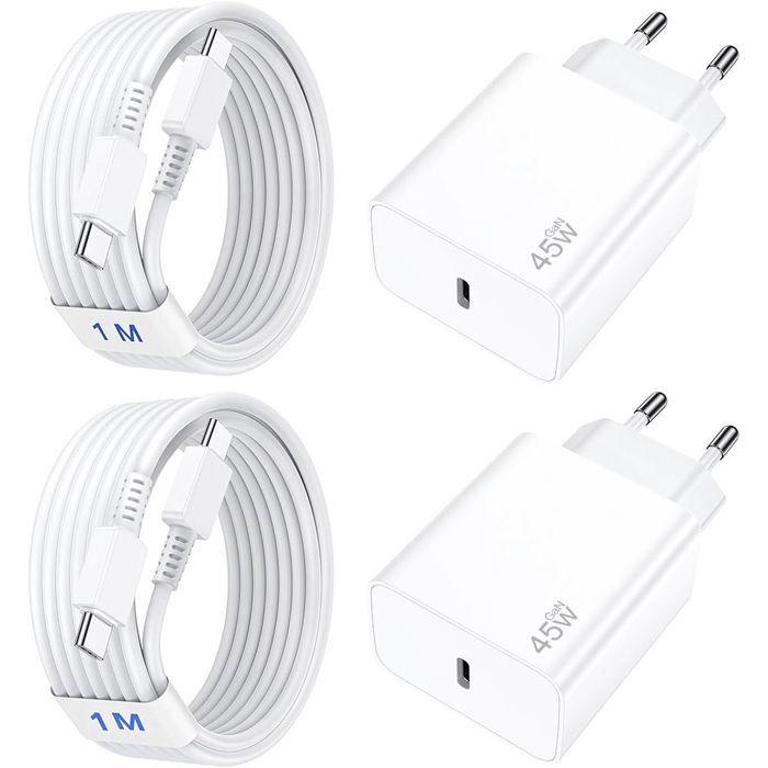 2 Chargeur Rapide - E.F.Connection - Compatible Samsung - 45W - 2 Câbles USB-C 1M - Blanc - Adaptateur secteur