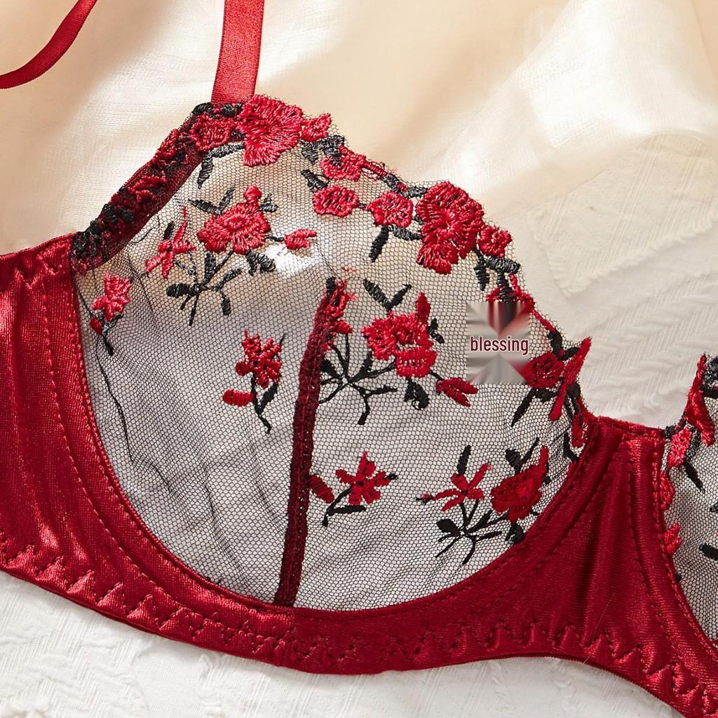 European-American Sexy Lingerie: Red Velvet Rose Embroidered Push-Up Bra & Panty Set