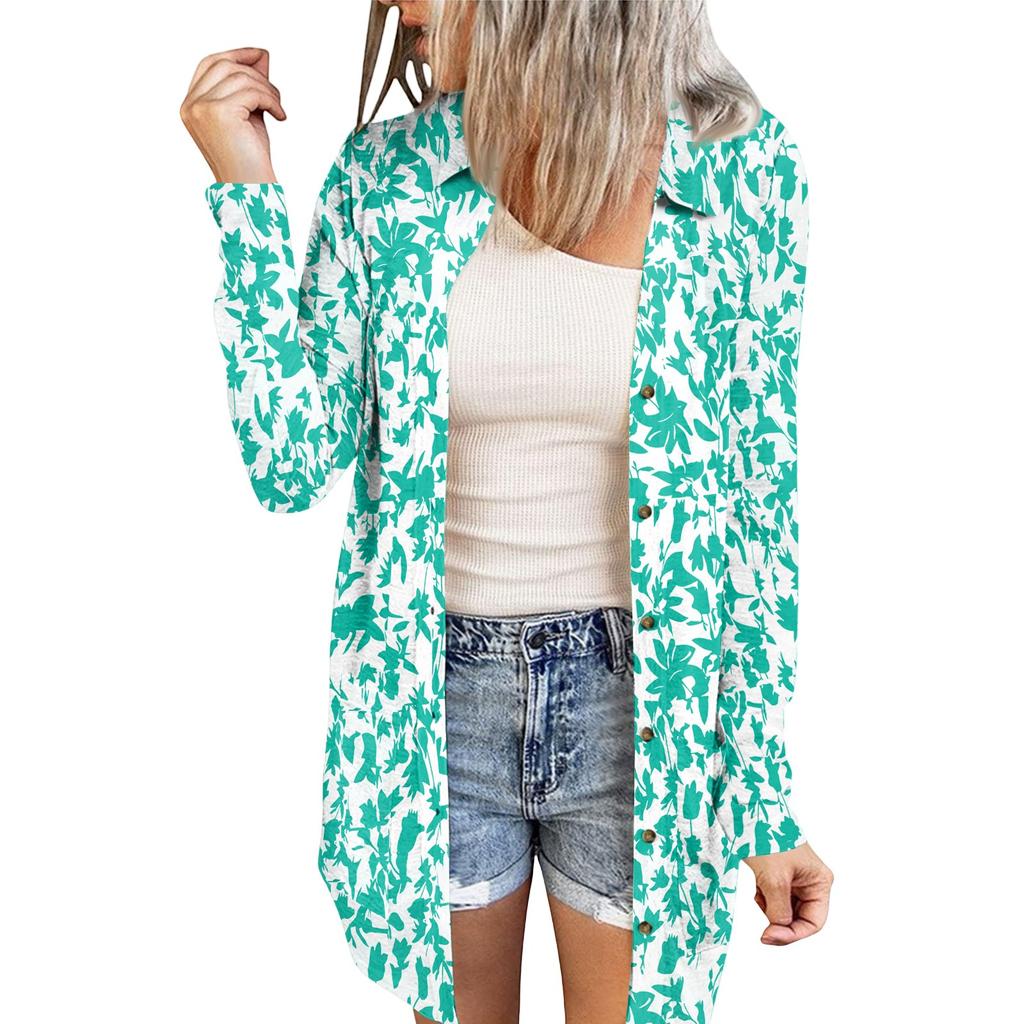 Women's Casual Fashion Floral Print Long Sleeve Mid-Length Cardigan Jacket