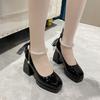 Spring and autumn new pearl chain thick heel simple square head large size high heels women Mary Jane shoes women
