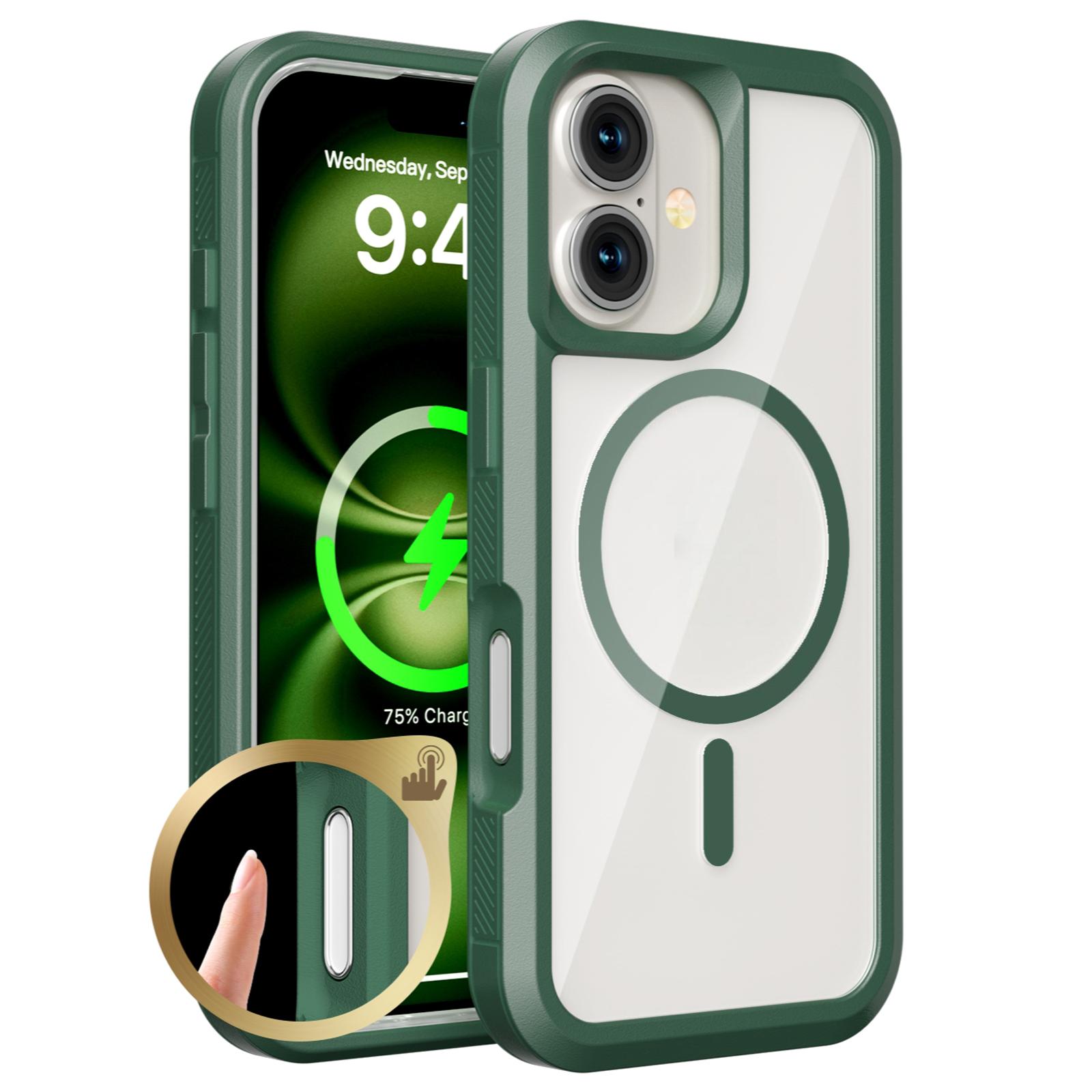 

For iPhone 16 Plus Magnetic Case Translucent Detachable 2 in 1 TPU+PC Shockproof Phone Cover Green