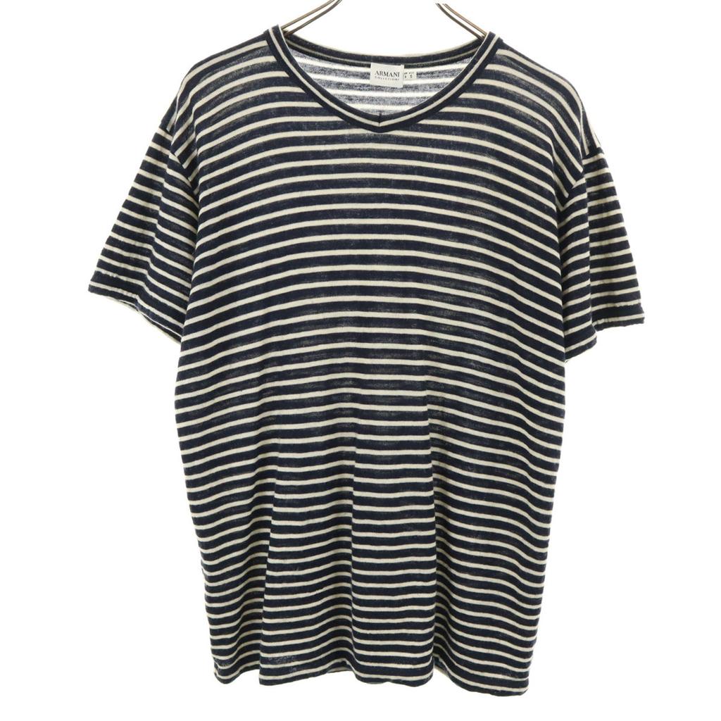 Armani Collezioni Border Pattern Short Sleeve Knit M Dark Blue Women Used