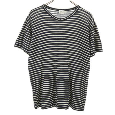 Border Pattern Short Sleeve Knit M Dark Blue Women Used