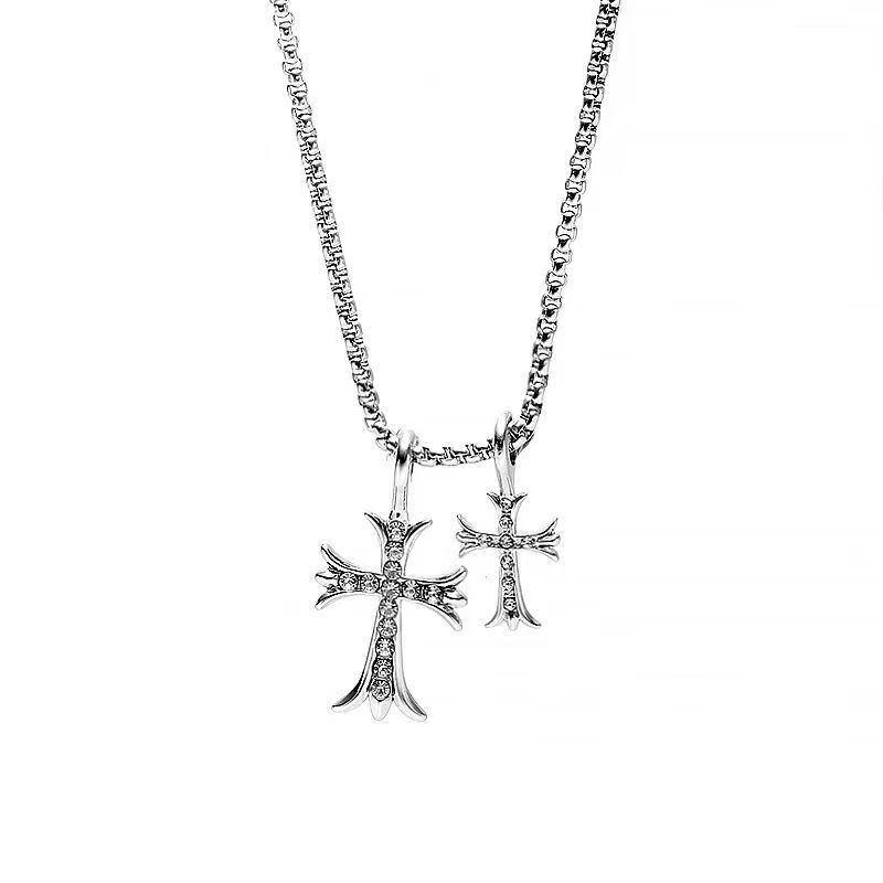 Women's Trendy Diamond-Studded Double Cross Necklace - Hip Hop Pendant & Sweater Chain Accessory