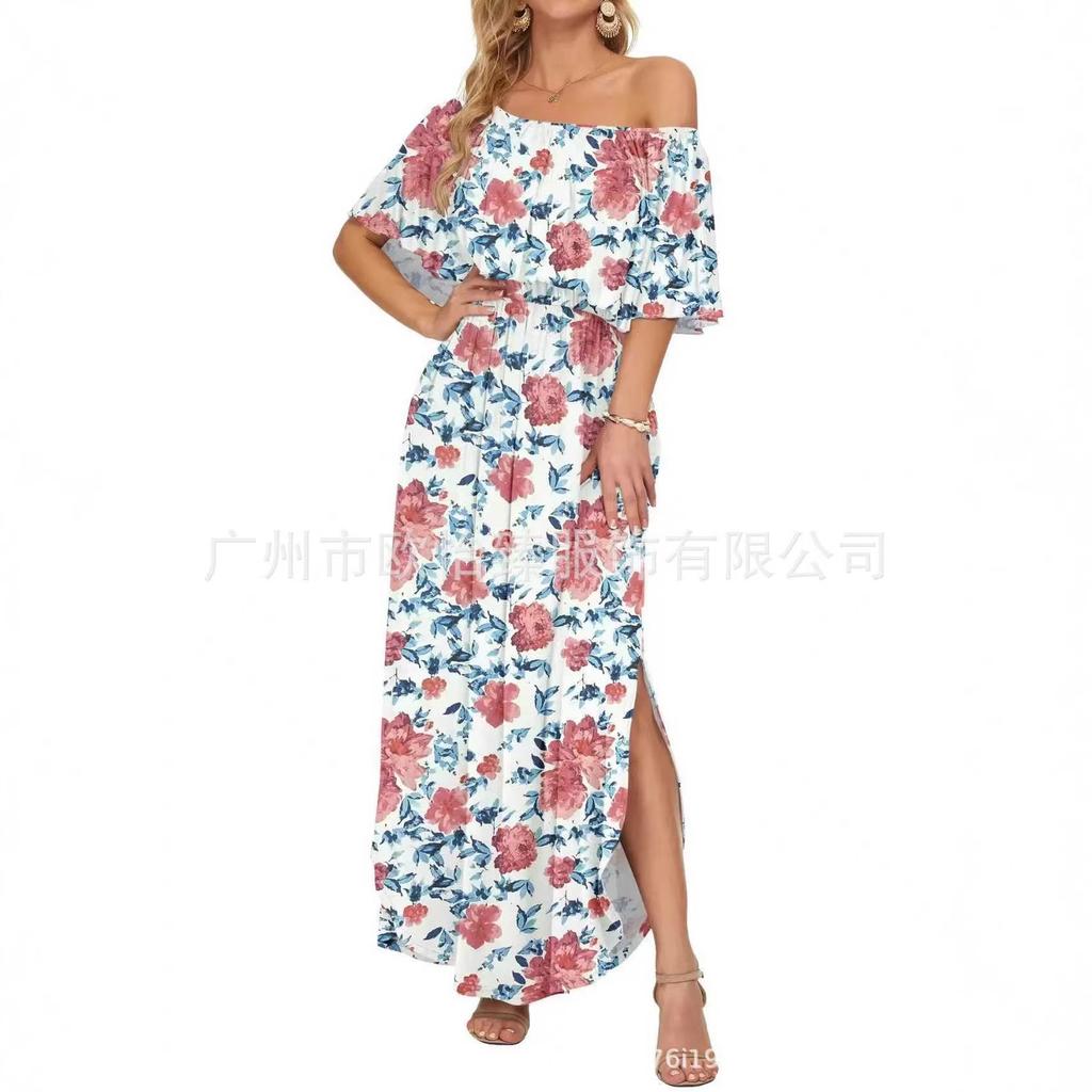 Summer new printed one-word shoulder short-sleeved long dress