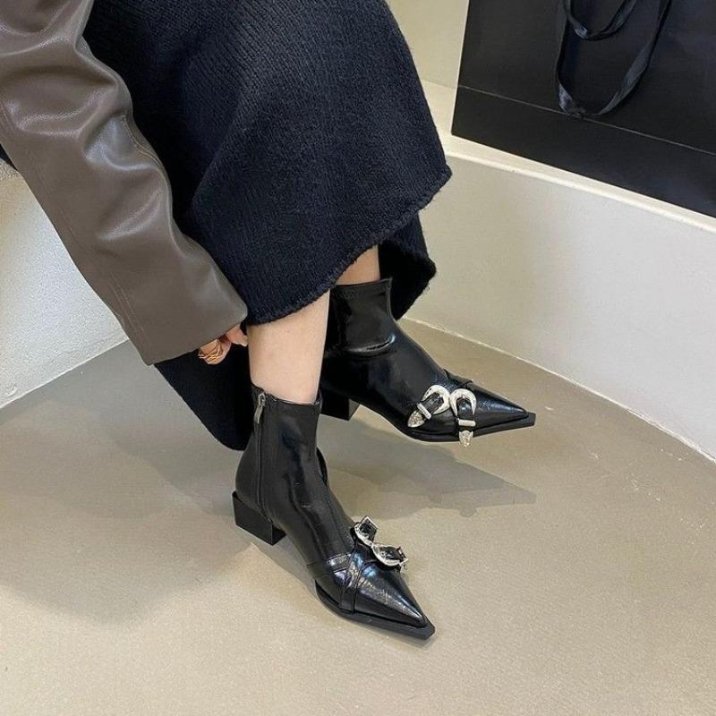 Women's Ankle Boots Short Barrel Shoes Woman Trend Black Luxury Middle Heels Pointed Toe New Rock Comfortable Stylish On Sale
