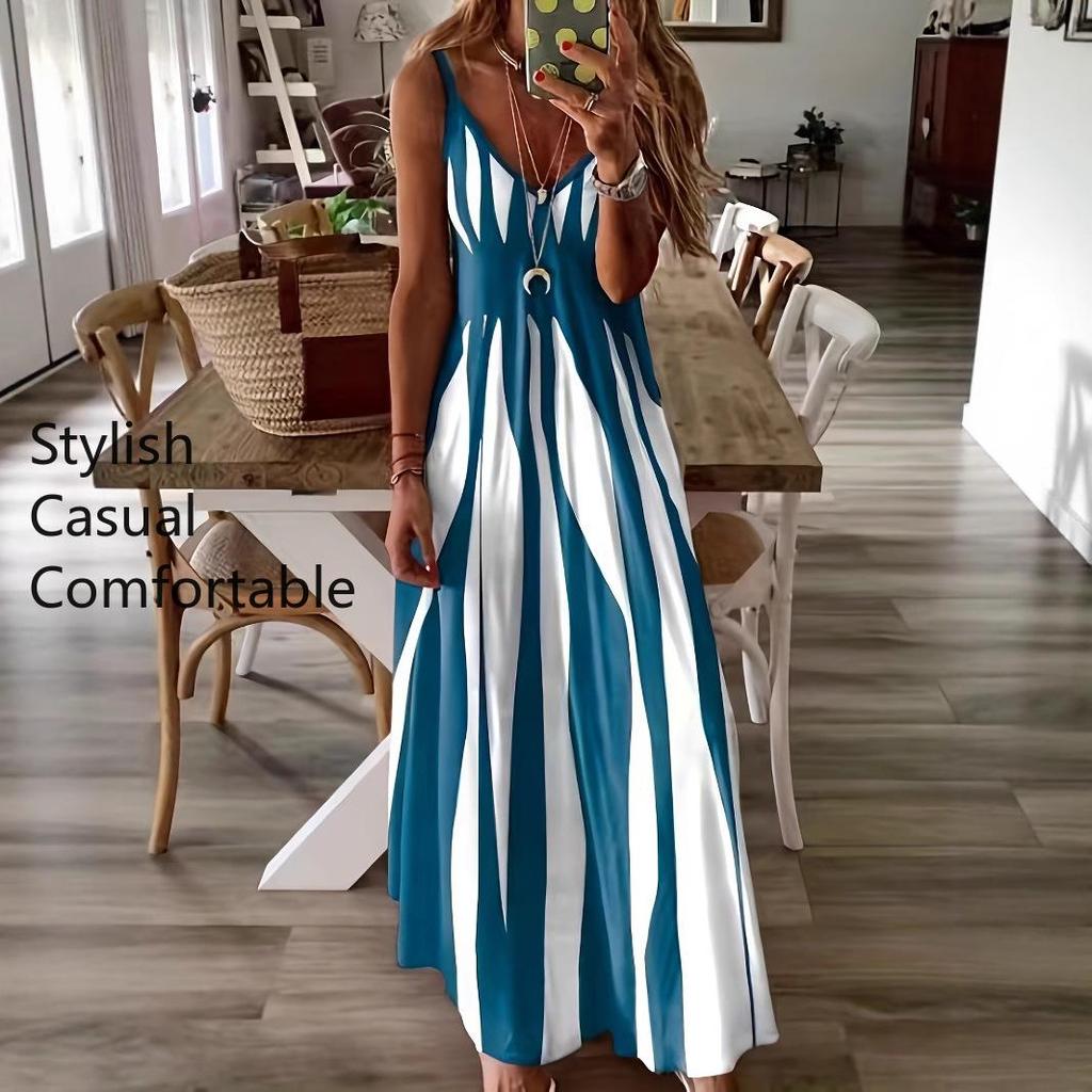 Women's Fashion Summer Spring Colour Block Print Sleeveless V-Neck Loose Waistline Casual Dresses