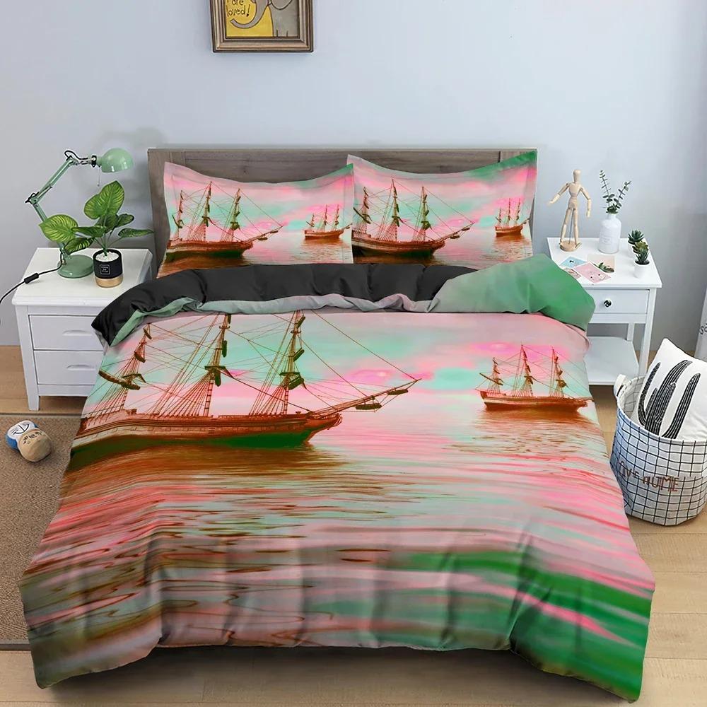 Watercolor Sailboat Bedding Set Bedclothes King Queen Twin Duvet Cover Set With Pillowcase 3D Luxury Quilt Covers