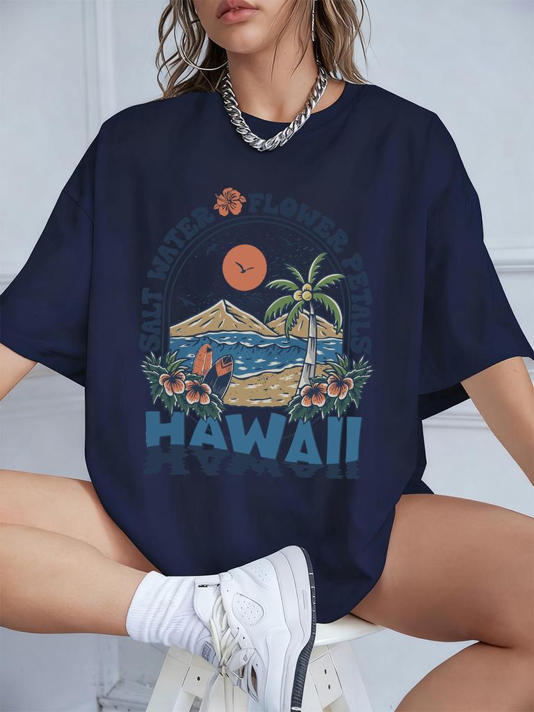 Salt Water Flower Hawaii Prints TShirts Women Summer Cotton Short Sleeve Tops Loose ONeck Comfortable T Shirt Casual Clothes