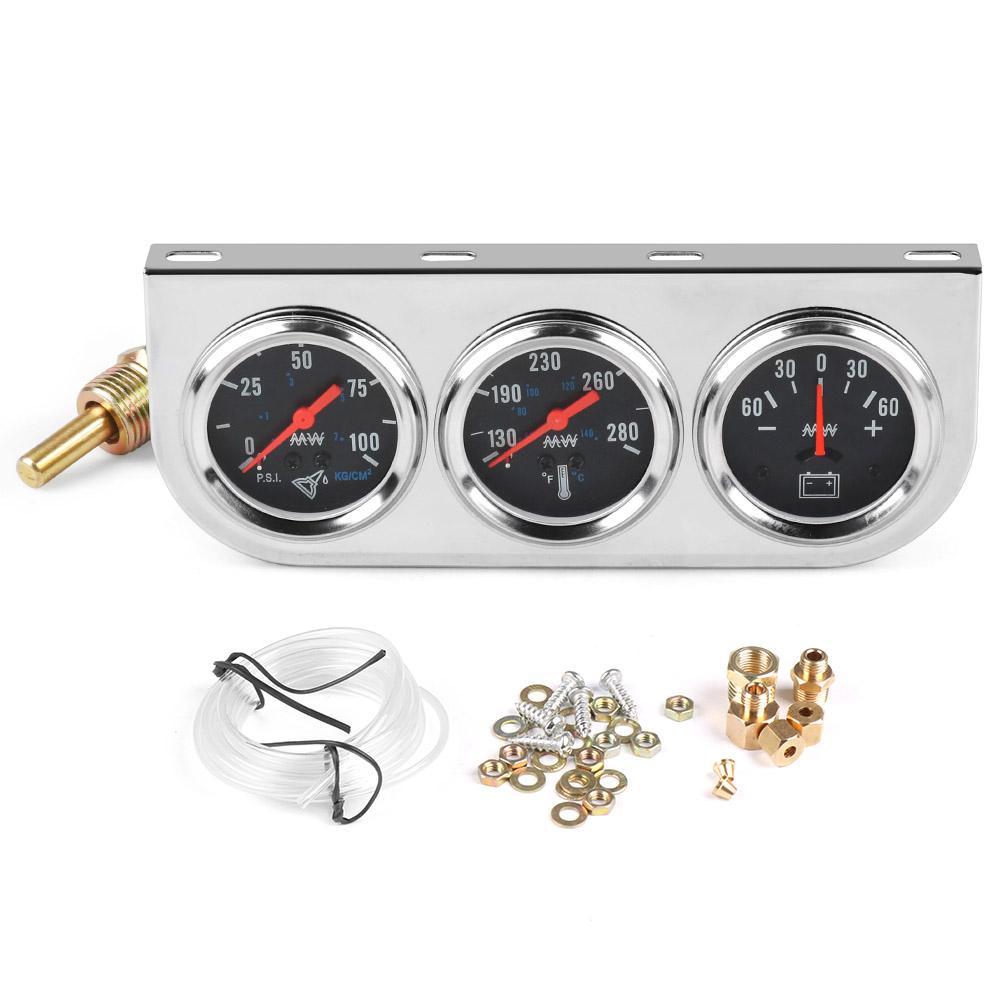 Triple Auto Gauge Set Oil Pressure Water Temp Amp Meter 2" Chrome Panel with White Face TT101324