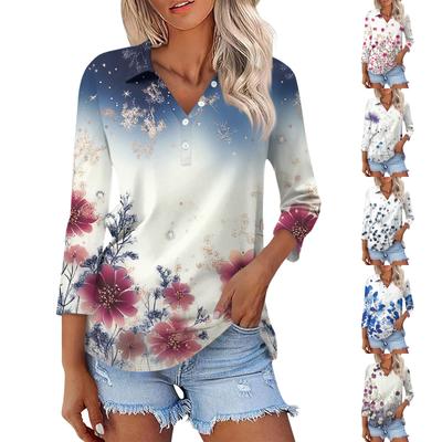 Women's Fashion Casual Lapel 3/4 Sleeve Print Shirt Women's Button Up Tops