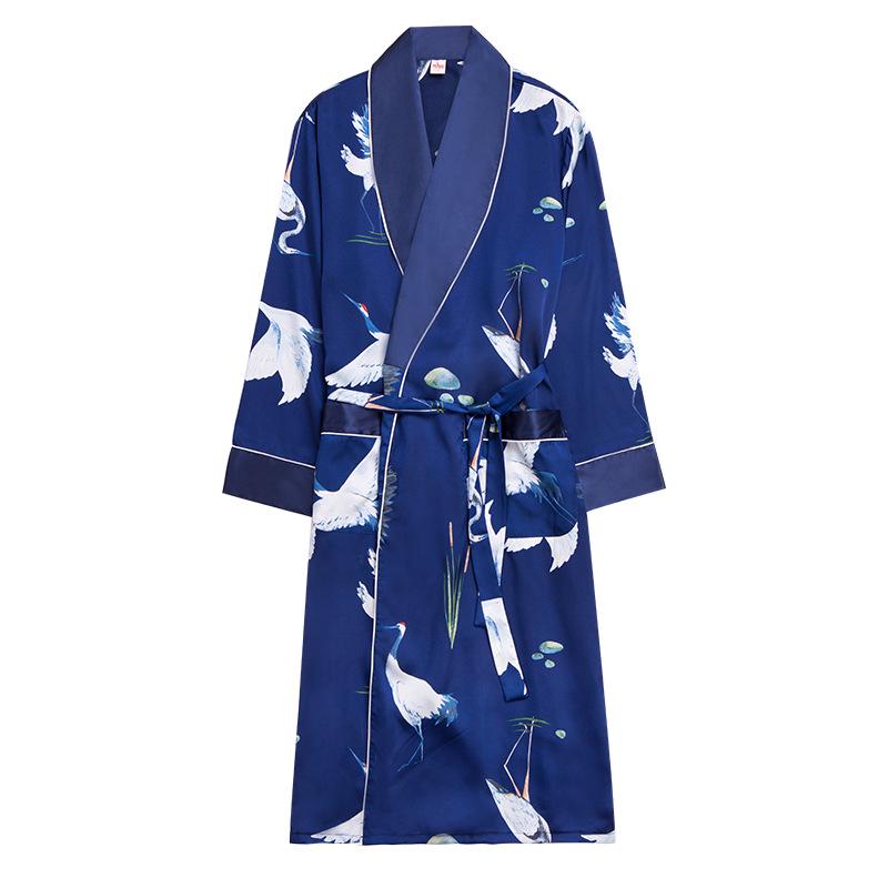 Buy Night Robe Long Sleeved Silk Satin Men Dark Blue Sleepwear Autumn