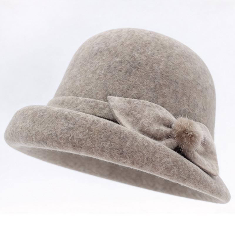 Middle-aged and elderly mother autumn and winter wool top hat women's bow hairball basin hat retro crimped bucket hat thermal hat
