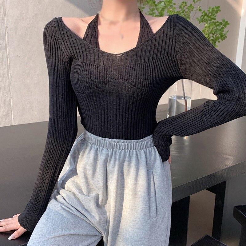 Women Knit Sweater Autumn Long Sleeve Off Shoulder Halter Neck Sexy  Pullover Tops Casual Loose Jumper Sweaters