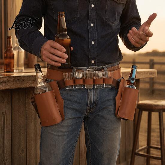 Marsupio a Vita per Bottiglia di Vino Double-Sided, Borsa in PU Vintage, Doppia Tasca Laterale con Multi-Scomparto, Borsa Impermeabile Regolabile per Lattine di Birra Bicchieri,