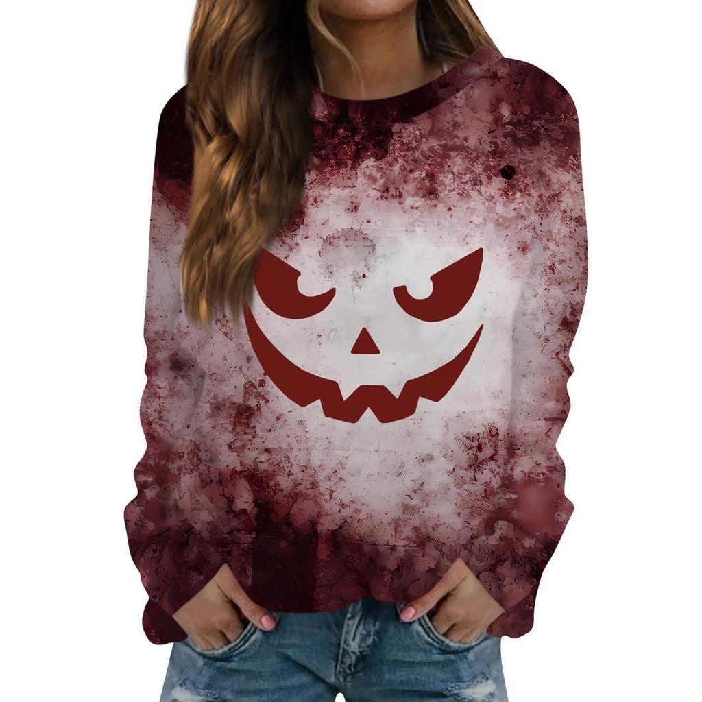 Tops für Damen, Damen, Casual Fashion, Halloween-Print, Langarm, Rundhalsausschnitt, Pullover, Top, Bluse, Ropa De Mujer, Kleidung