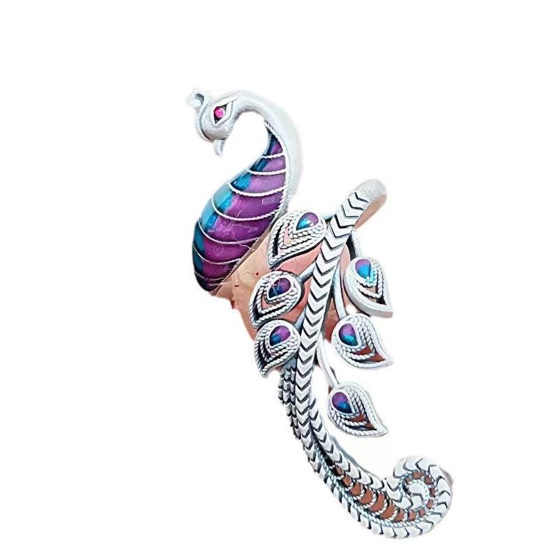 Ethnic Cloisonné Phoenix Ring: Adjustable Silver-Plated Art Ring for Women in Retro Chinese Style