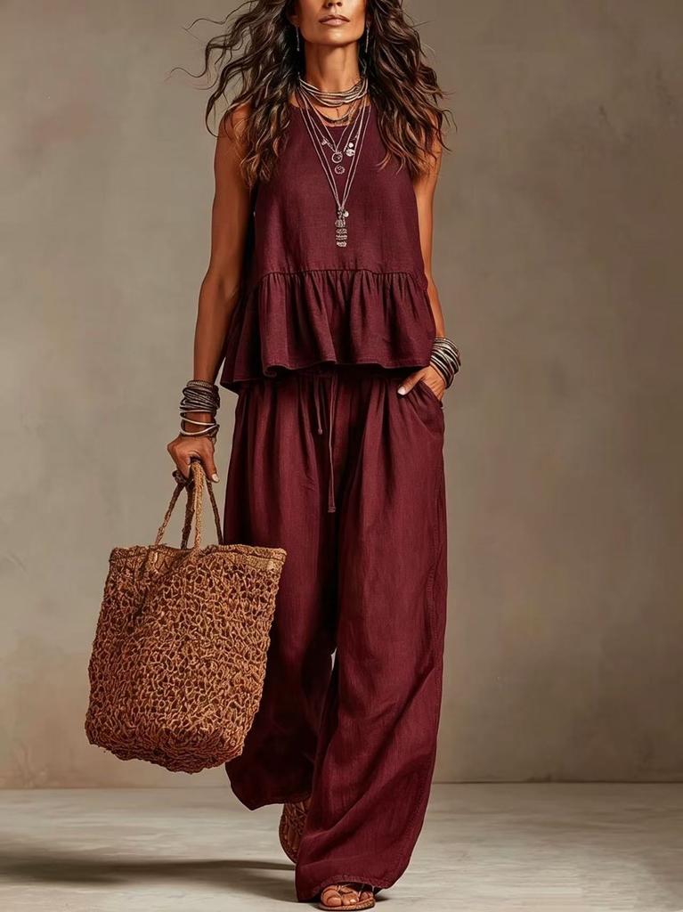 1116 New Summer European and American Women's Clothing Simple Casual Cotton and Linen Lotus Leaf Edge Sleeveless Wide Leg Set