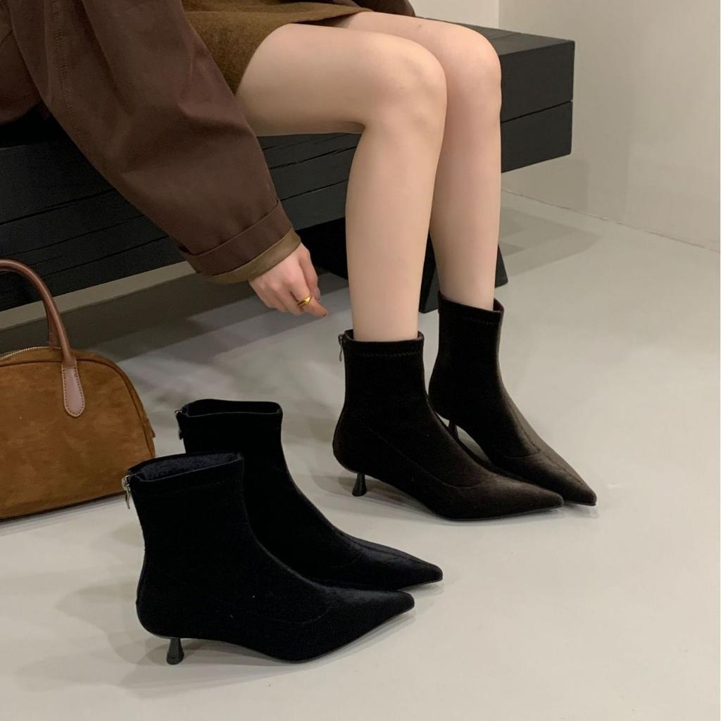 2025 New Pointed Stiletto Soft Leather Beanie Rear Zipper Suede Fashion Women's Short Boots