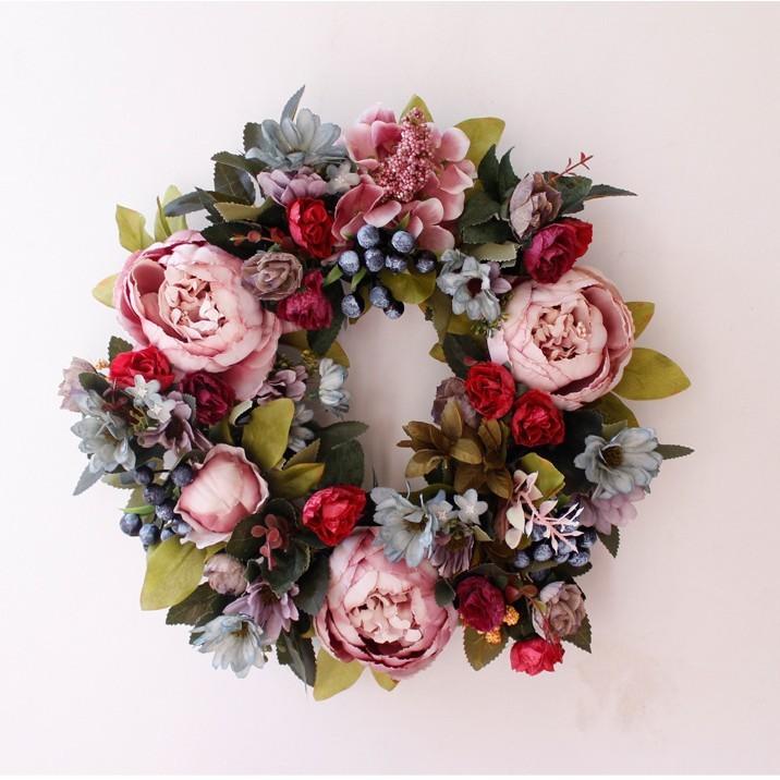 Elegant European Style Peony Flower Wreath With Handmade Craft For Living Room Decor