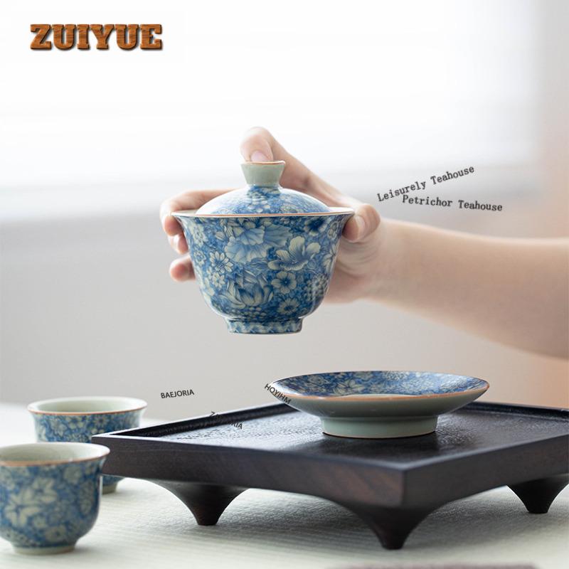 140ml Blue And White Ceramic Gaiwan Boutique Tea Tureen Tea Bowl With Lid Kit Tea Making Cover Bowl Kung Fu Tea Set Collection
